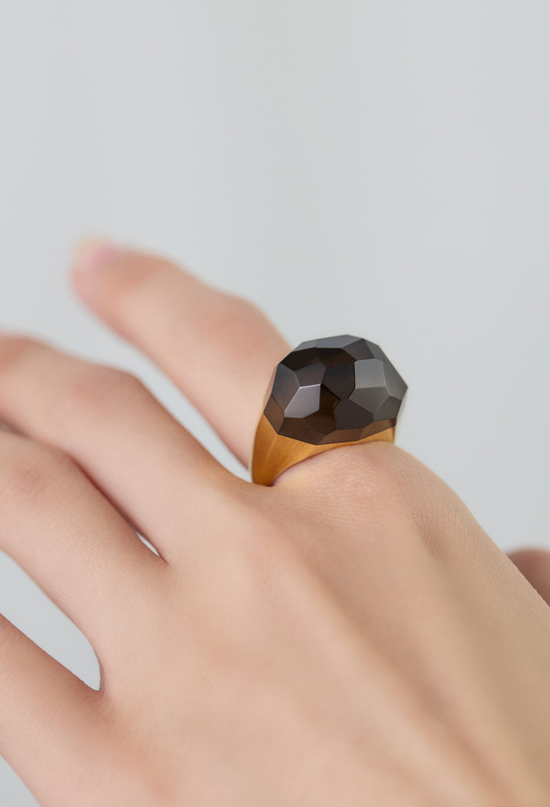 Smoky Quartz Rock Ring / Faceted Round / Yellow