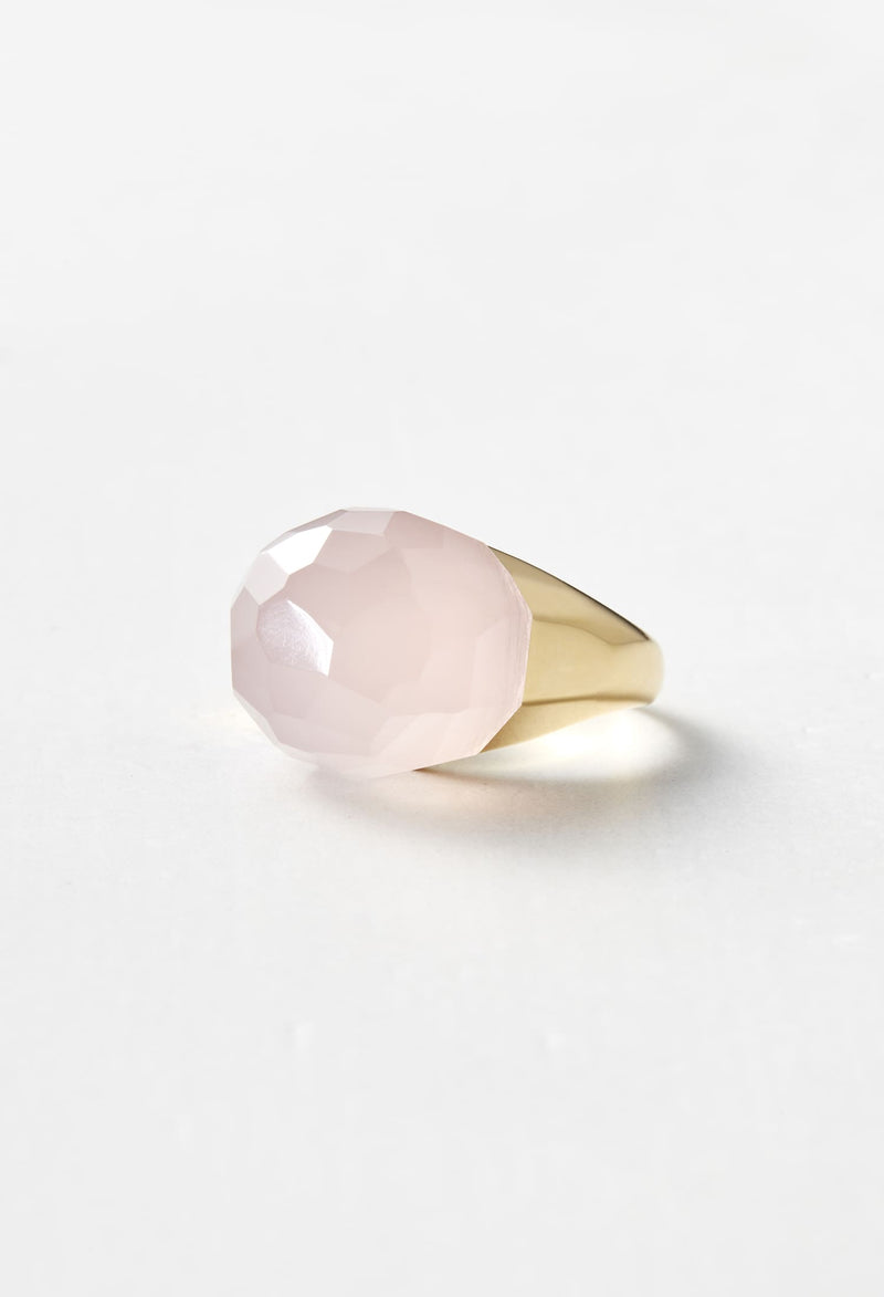 Rose Quartz Rock Ring / Faceted Round / Yellow