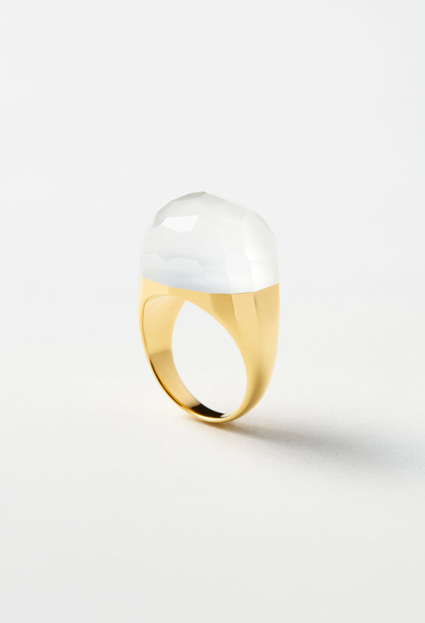 Milky Quartz Rock Ring / Faceted Round / Yellow