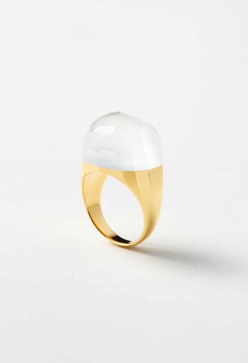 Milky Quartz Rock Ring / Faceted Round / Yellow