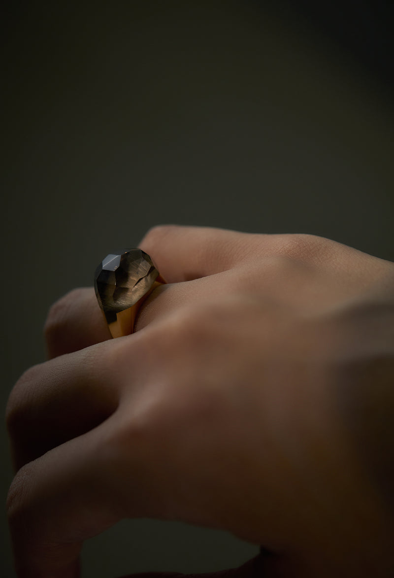 Smoky Quartz Mini Rock Ring / Faceted Round / Yellow