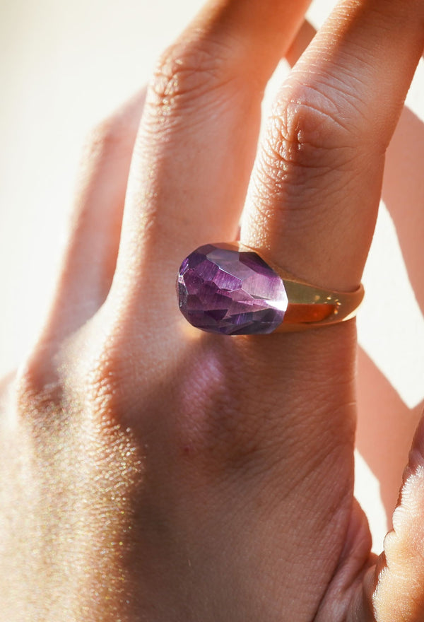 Amethyst Mini Rock Ring / Faceted Round / Yellow