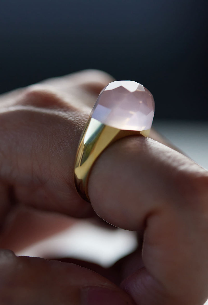 Rose Quartz Mini Rock Ring / Faceted Round / Yellow