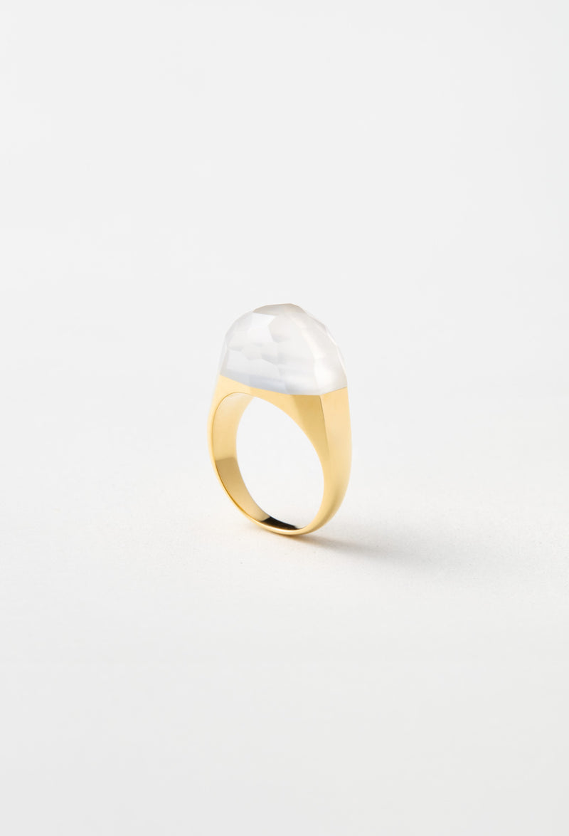 Milky Quartz Mini Rock Ring / Faceted Round / Yellow