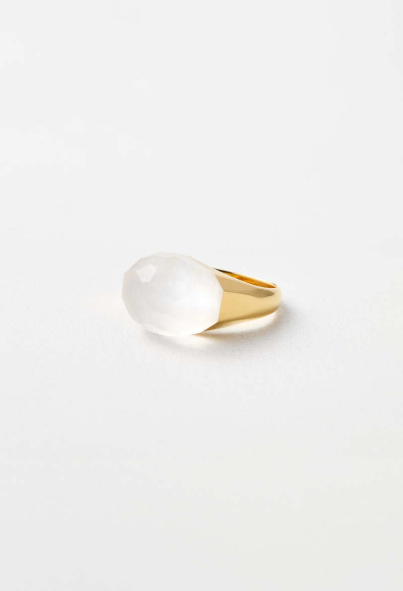 Milky Quartz Mini Rock Ring / Faceted Round / Yellow