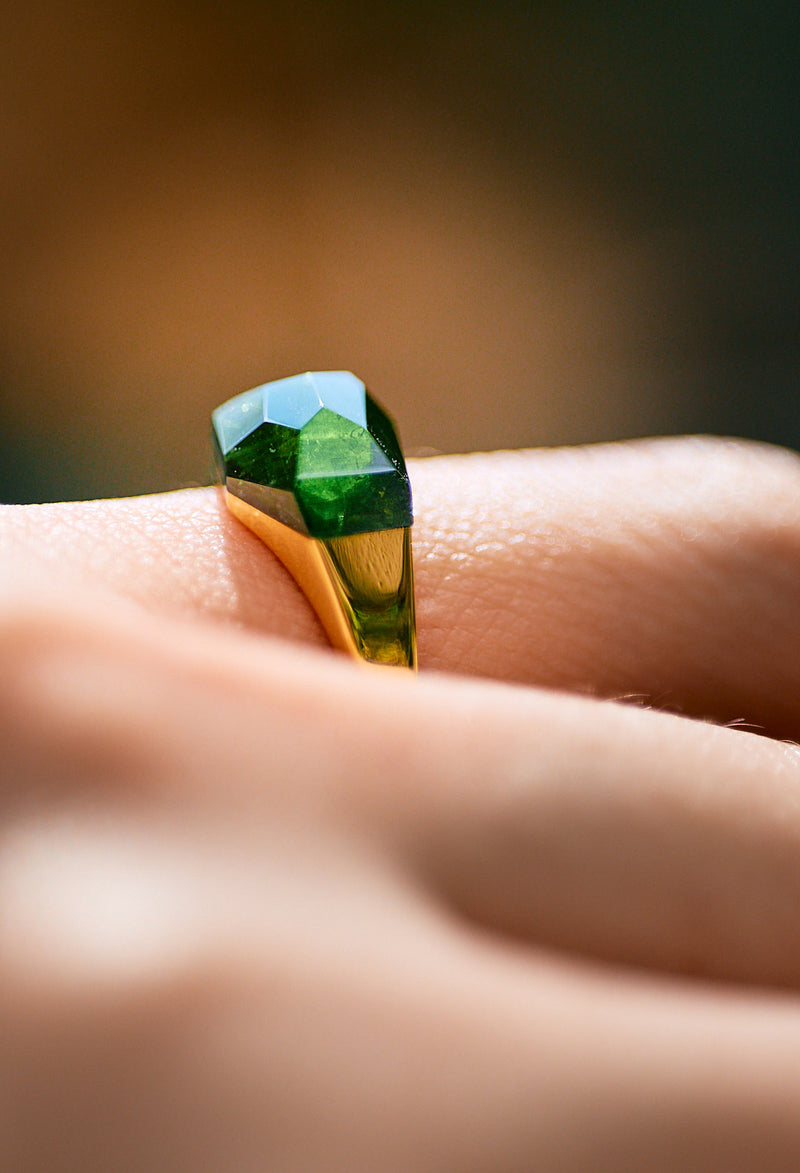 [一点もの] Green Tourmaline Mini Rock Ring / Crystal / Yellow