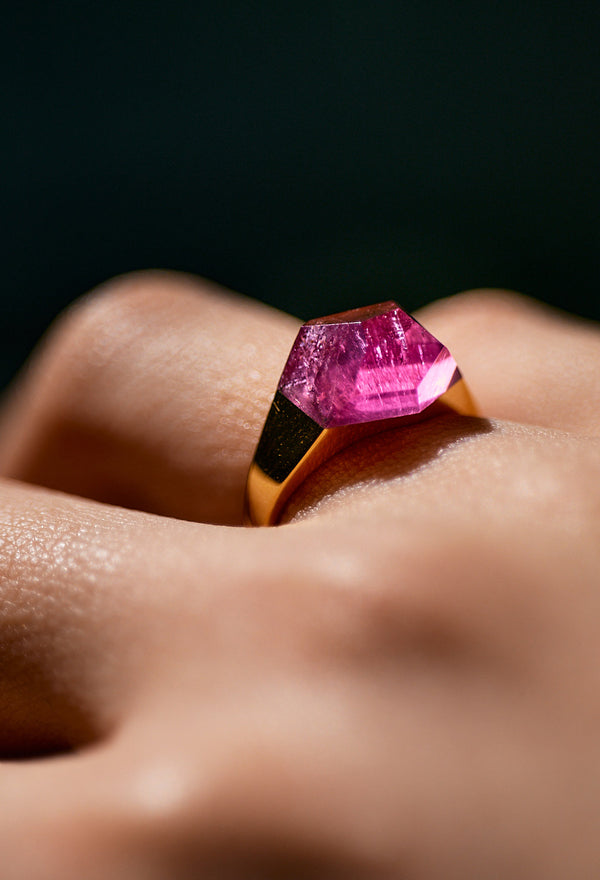 [一点もの] Pink Tourmaline Mini Rock Ring / Crystal / Yellow