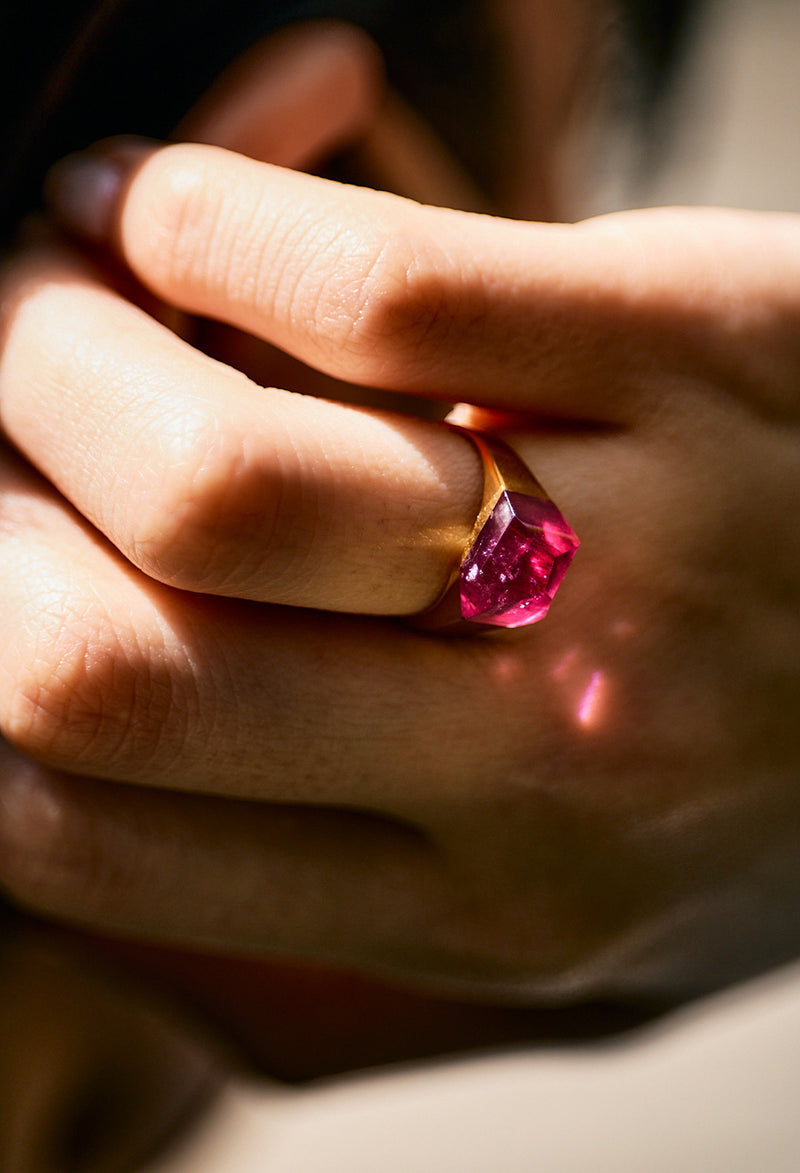 [一点もの] Pink Tourmaline Mini Rock Ring / Crystal / Yellow