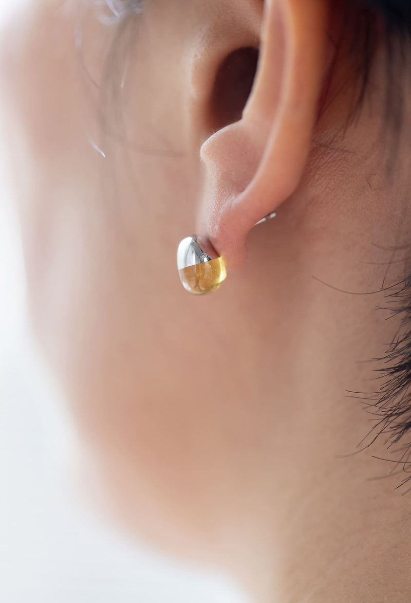 [一点もの] Yellow Beryl Rock Pierced Earrings / Horizontal Round / Pair