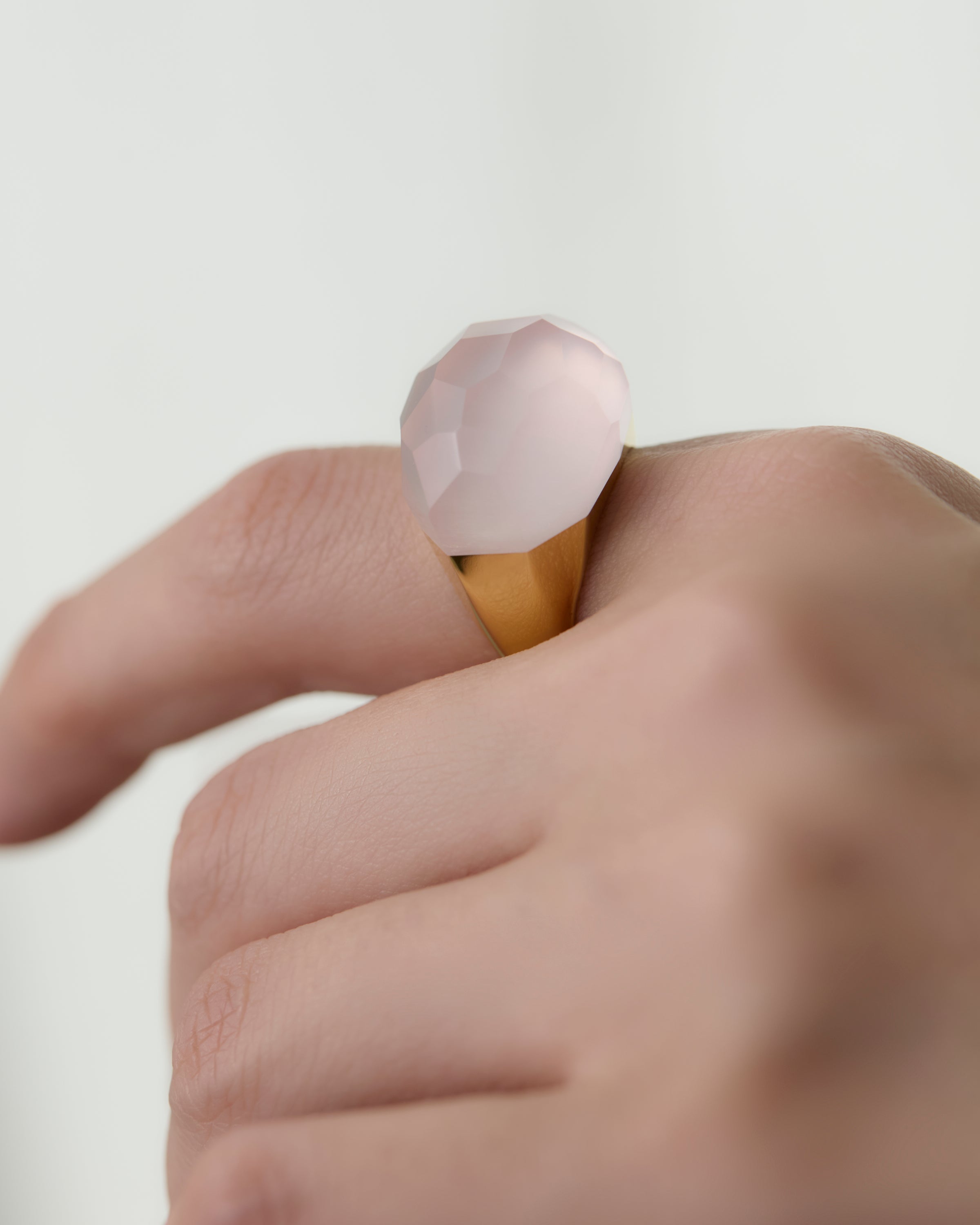 Rose Quartz Rock Ring / Faceted Round / Yellow