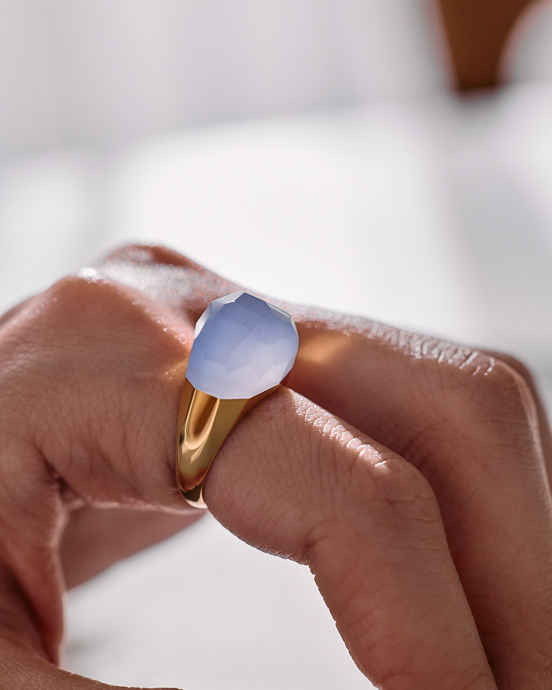 Blue Chalcedony Mini Rock Ring / Round / Yellow