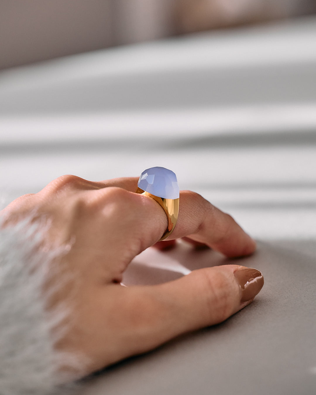 Blue Chalcedony Mini Rock Ring / Round / Yellow