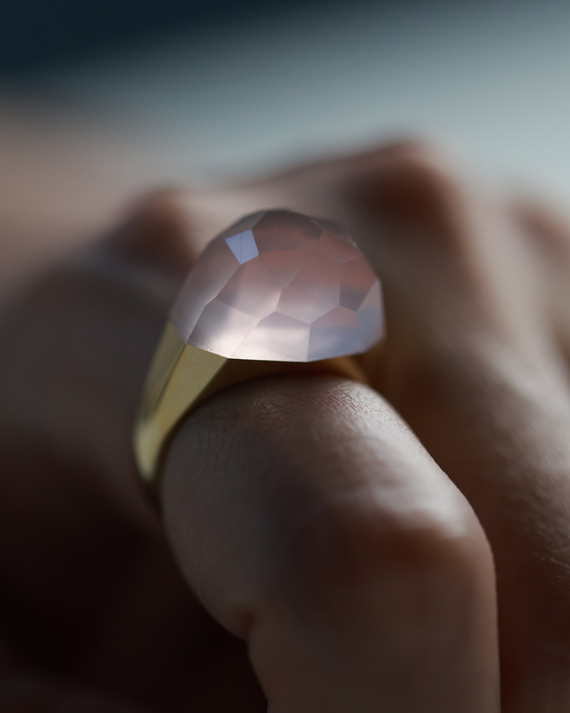 Rose Quartz Mini Rock Ring / Faceted Round / Yellow