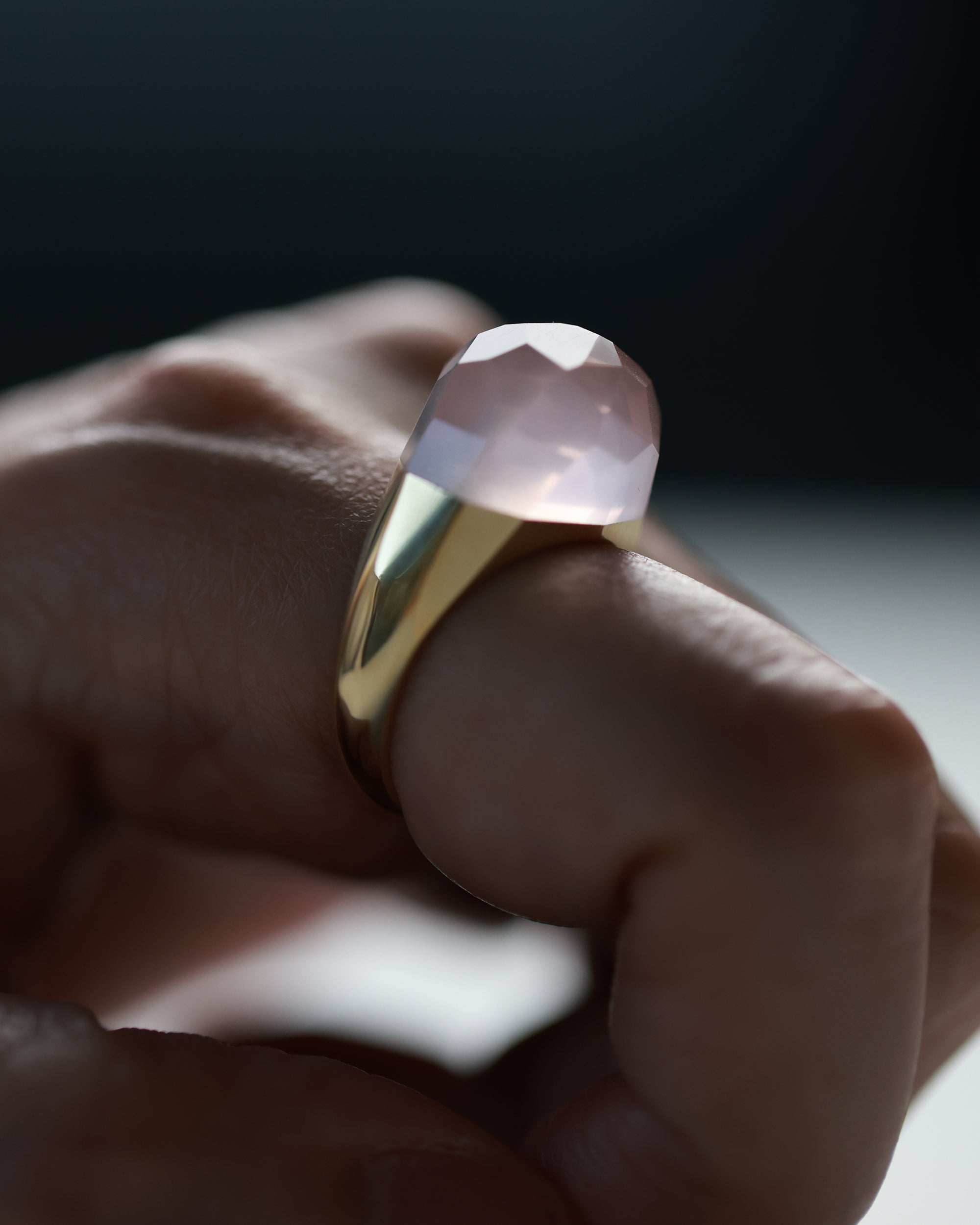 Rose Quartz Mini Rock Ring / Faceted Round / Yellow