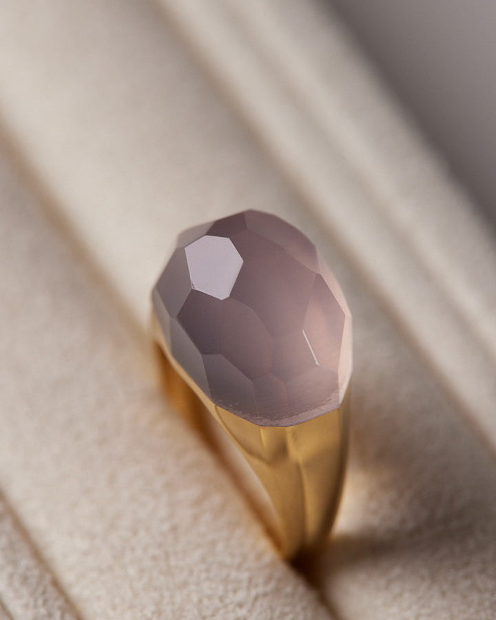 Rose Quartz Mini Rock Ring / Faceted Round / Yellow