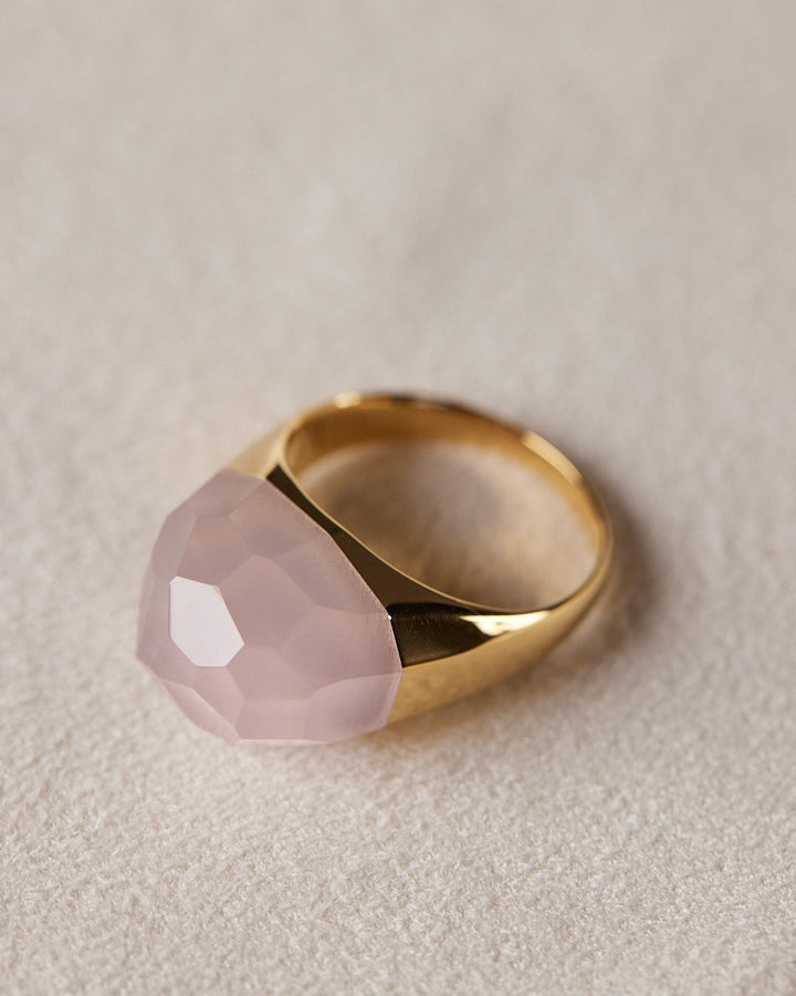 Rose Quartz Mini Rock Ring / Faceted Round / Yellow