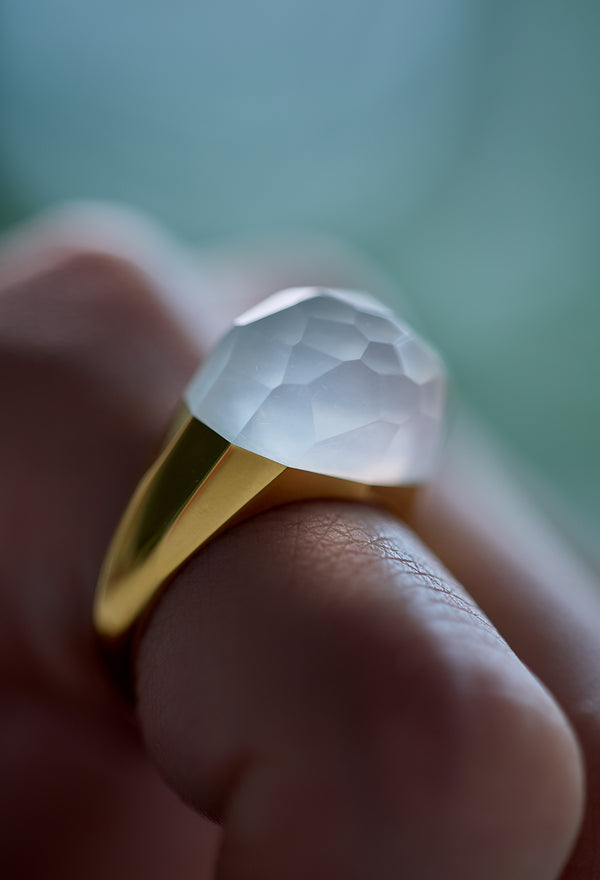 Milky Quartz Mini Rock Ring / Faceted Round / Yellow