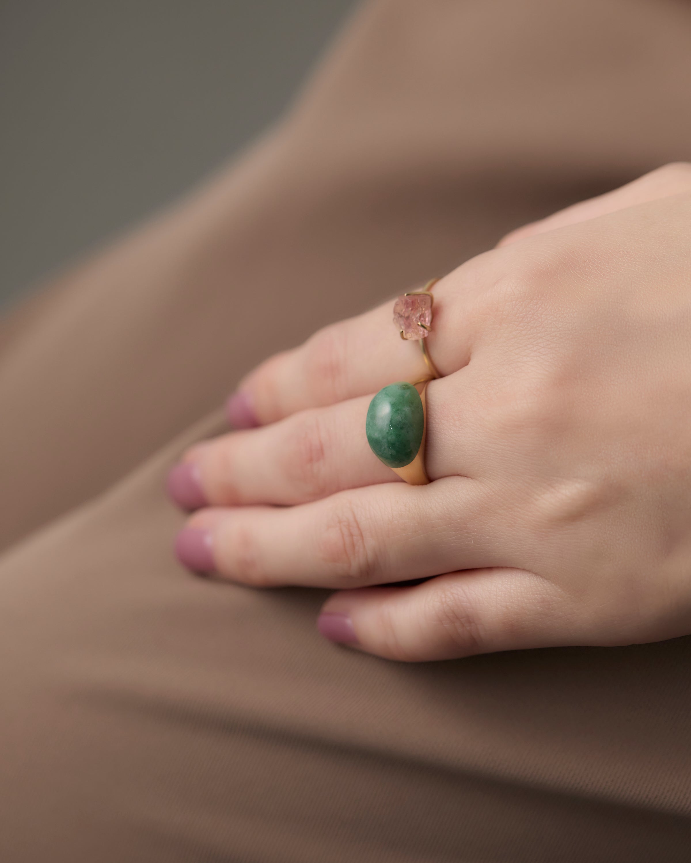 Green Jade Mini Rock Ring / Round / Yellow